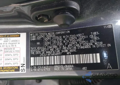 2006 Toyota 4Runner Sr5 V6 из США, поврежденный, VIN JTEZU14R768048997